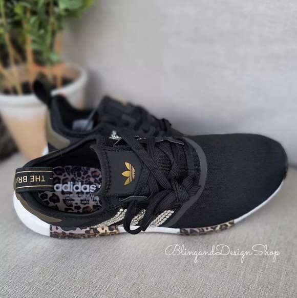 Women's Bling Adidas NMD R1 Leopard Print Black Shoes made with Crystals - Picture 7 of 8